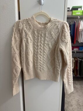 Pearl-Embellished Cable Knit Sweater - Cream.